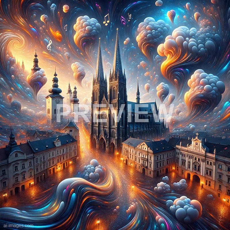 The image depicts a fantastical scene of a Gothic cathedral with tall, pointed spires set amidst swirling, vibrant clouds and cosmic elements. The sky is filled with colorful, dynamic clouds and floating musical notes, creating a surreal, dreamlike atmosphere. The lighting gives a warm glow to the buildings, contrasting with the cool, cosmic background, blending architecture with a whimsical, otherworldly environment.